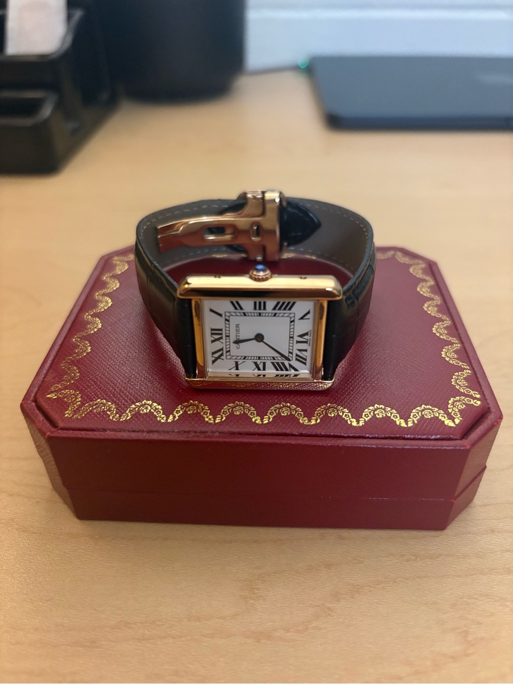 Men's Rectangular tank Gold-Tone Watch with Black Leather Strap